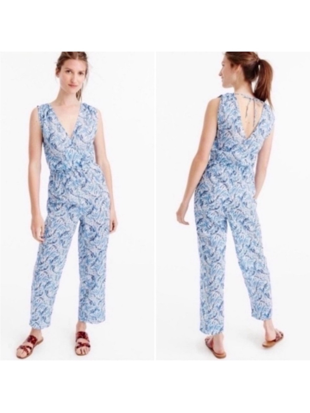 J. CREW Cotton Lightweight Sleeveless Jumpsuit XS Blue White Fern Print Vacation